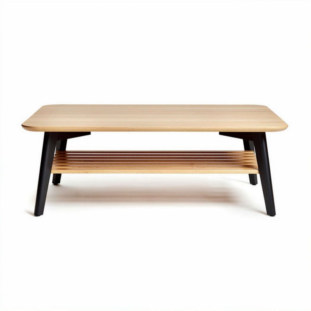 Wood coffee table with lower storage shelf in natural finish 120 x 60 x 40cm