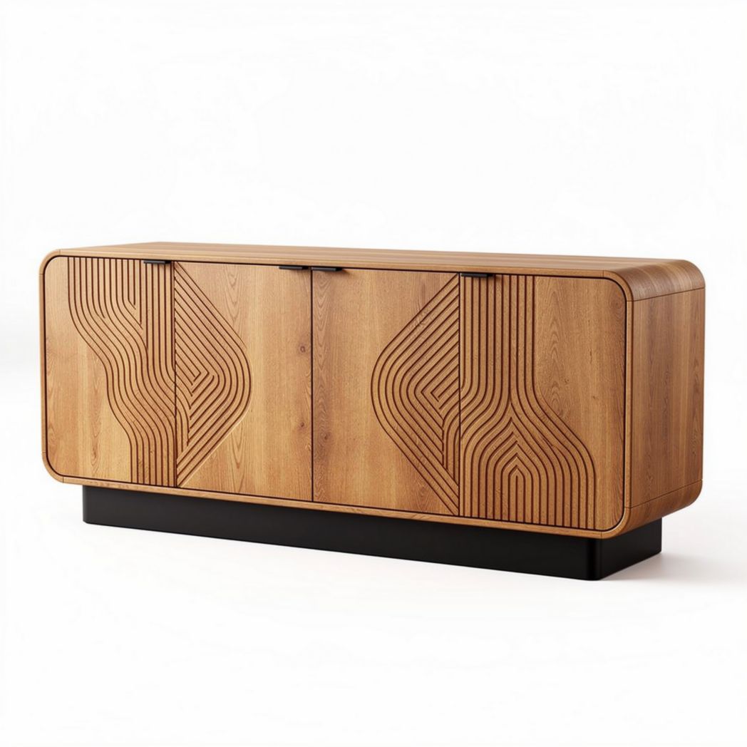 Wooden sideboard with geometric patterns and black base 150 x 45 x 75cm