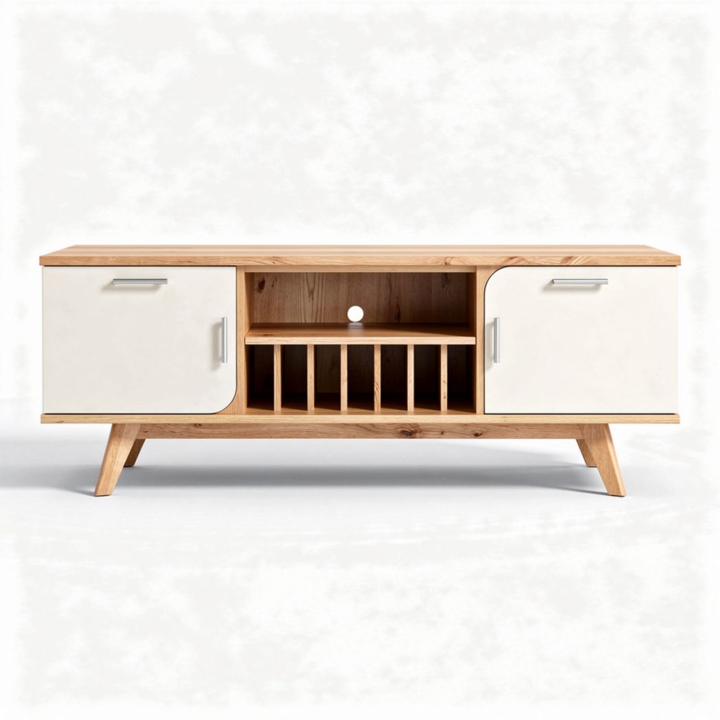 Wooden tv stand with white doors and open storage 120 x 40 x 50cm