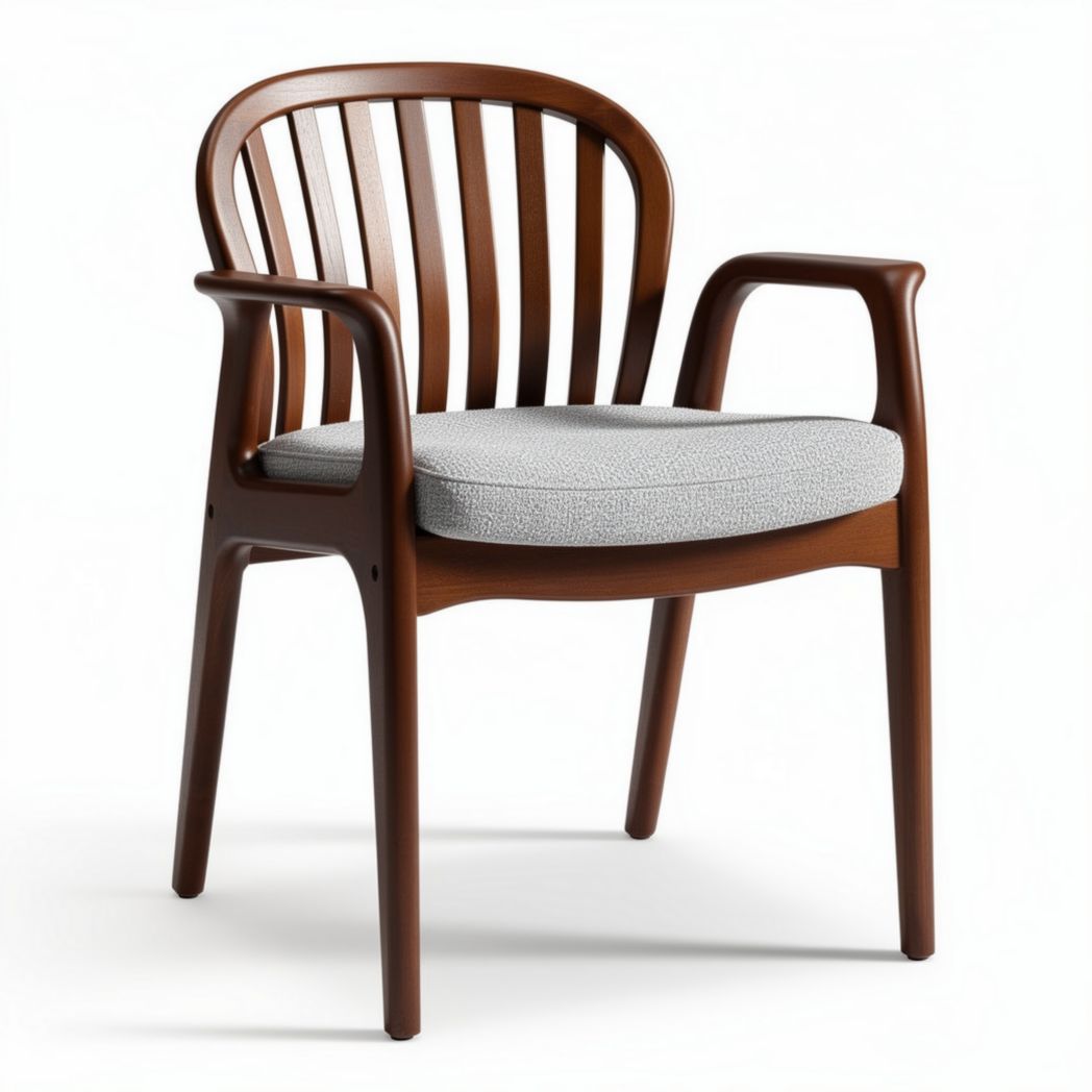 Wooden armchair with curved slats and gray upholstered seat 55 x 55 x 85cm