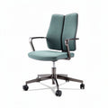 Mesh office chair with armrests and rolling wheels in blue color