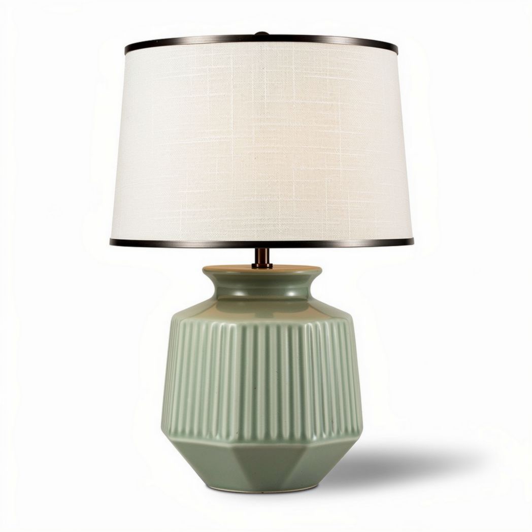 Ceramic table lamp with green ribbed base and white fabric shade 25 x 25 x 40cm