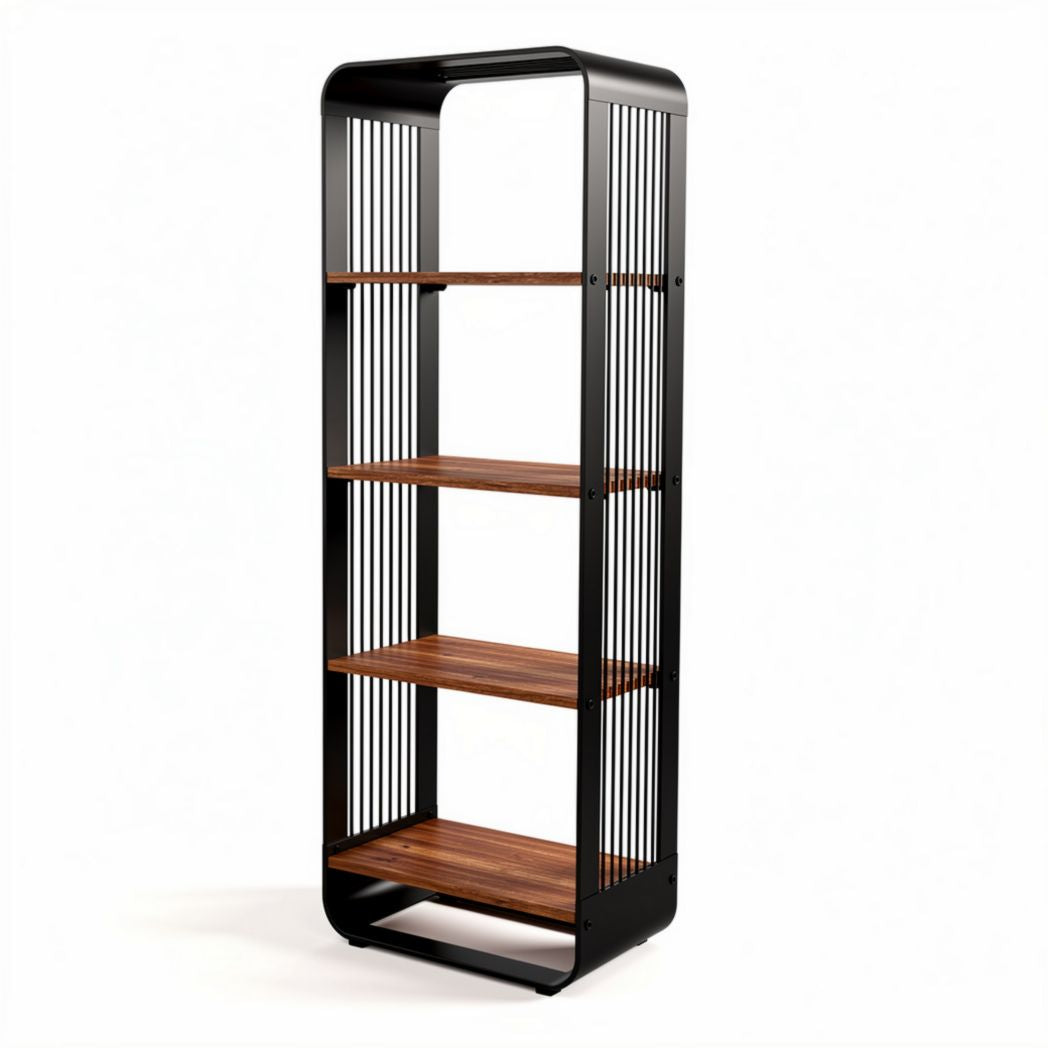 Wooden shelving unit with four tiers and cross-braced design suitable for organization