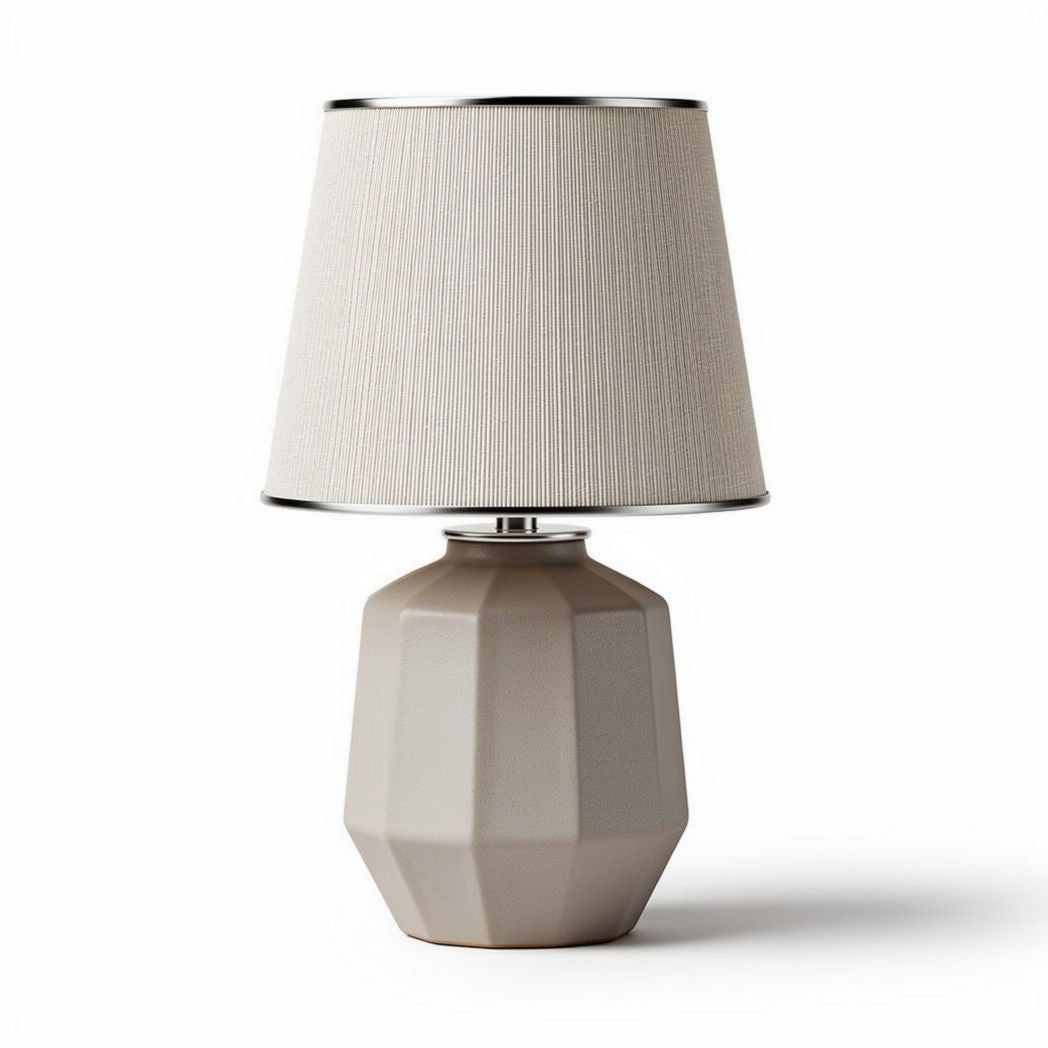 Geometric table lamp with fabric shade in neutral gray 30 x 30 x 50cm