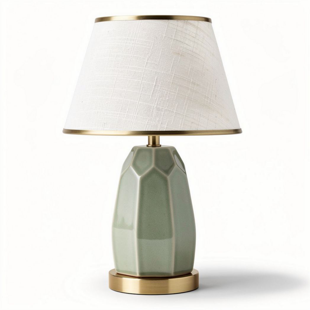 Ceramic table lamp with green geometric base and white linen shade 25 x 25 x 50cm