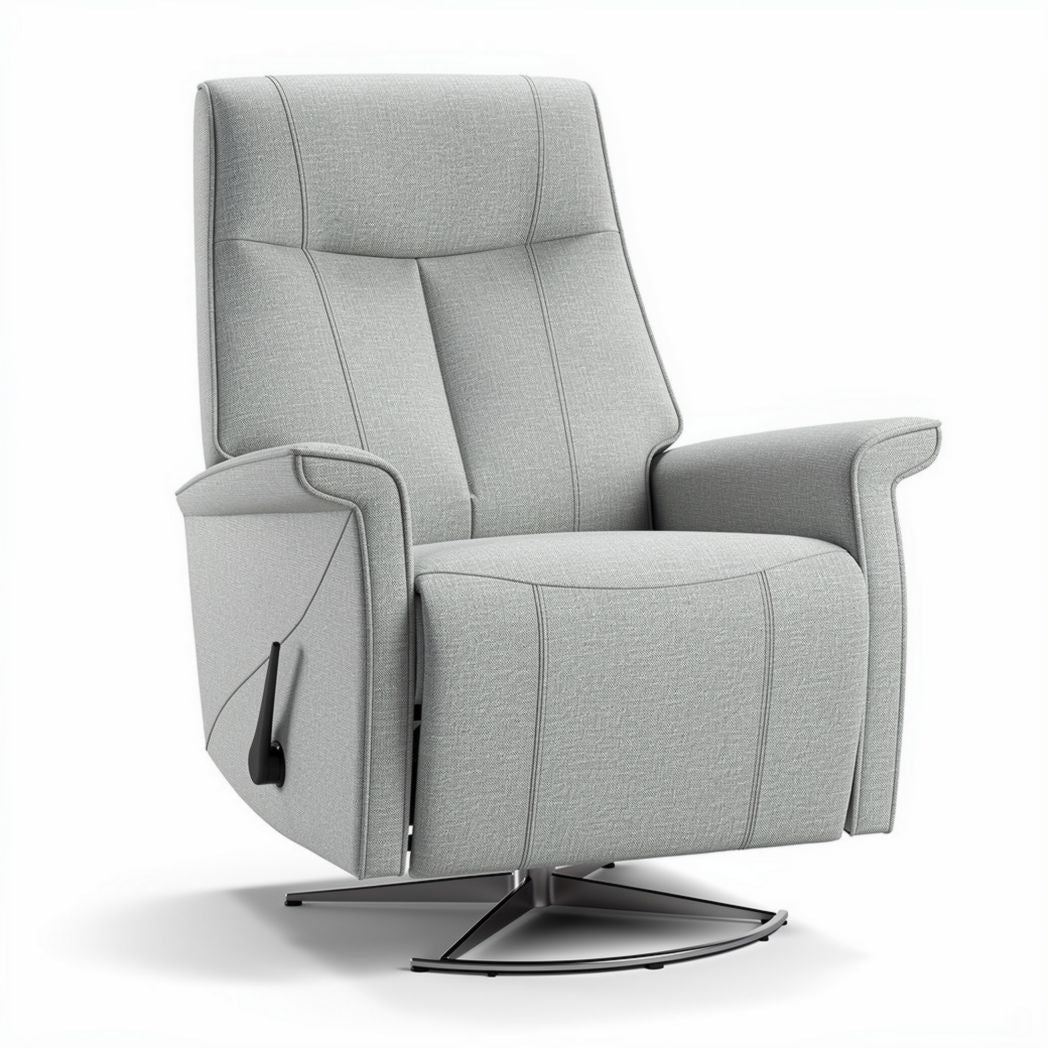 Recliner chair with swivel base in light gray fabric for living room use